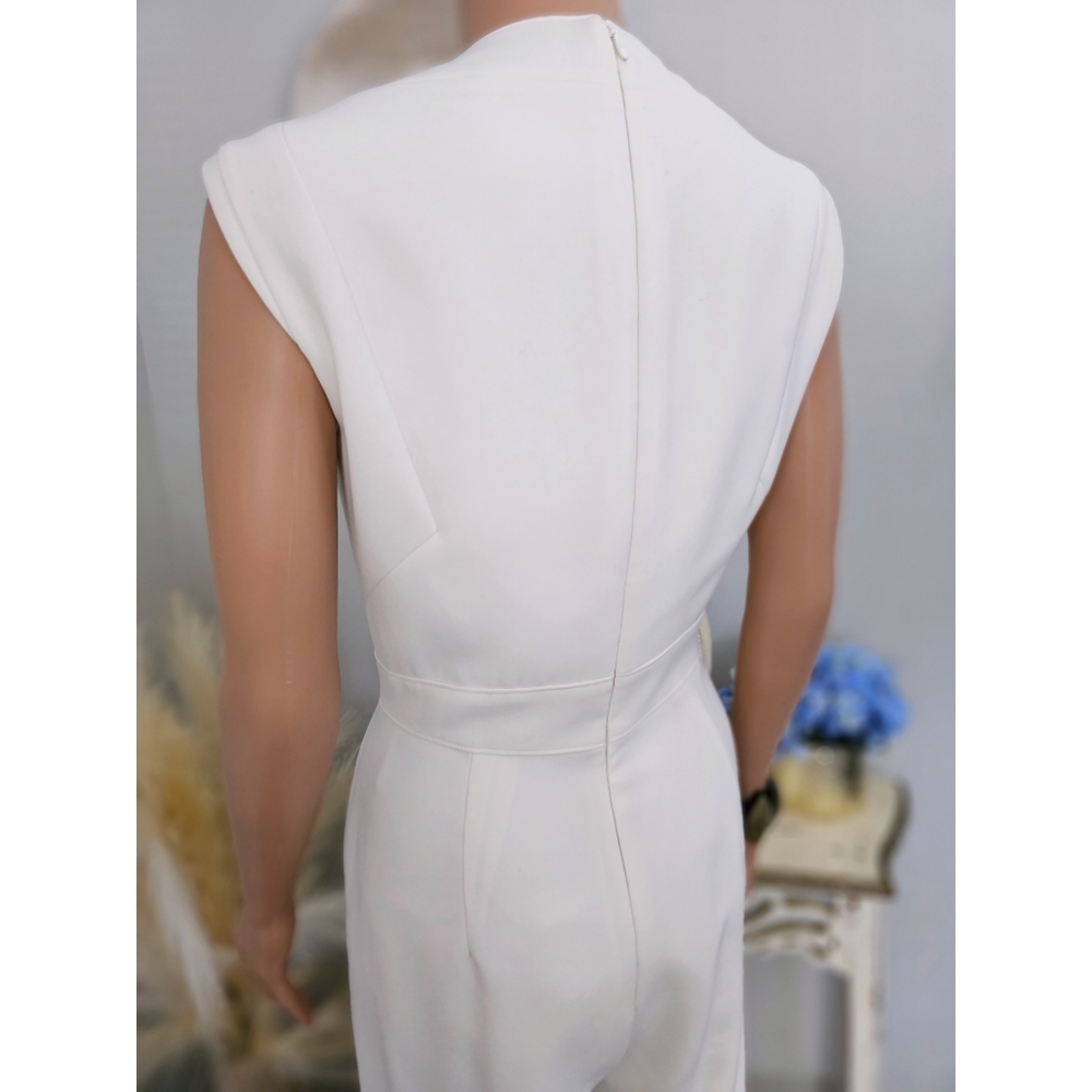 Tahari By ASL Off White Raised Collar Sleeveless Solid Crepe Jumpsuit - Picture 4 of 7